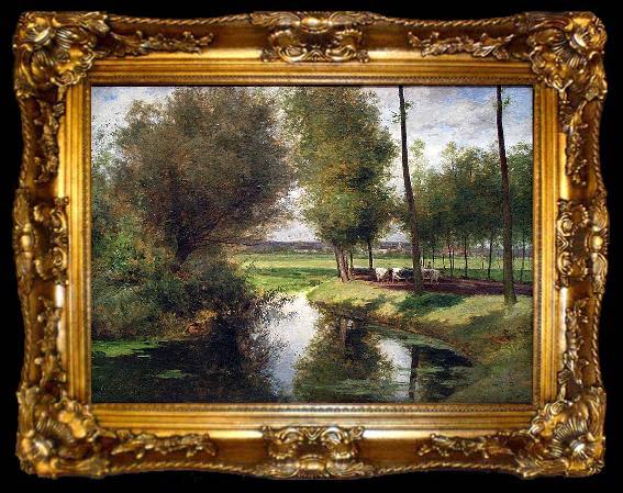 framed  Cesar De Cock Landscape by the River Lys, ta009-2